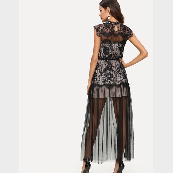 Eyelash Lace Trim Mesh Overlay Maxi Dress Black - Picture 4 of 6